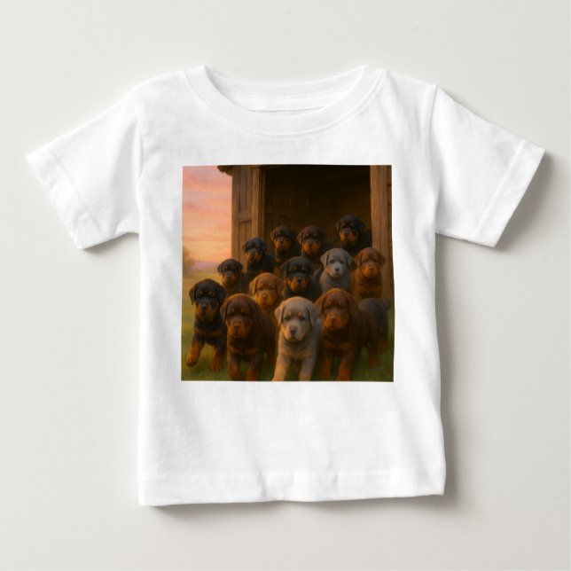 Camiseta Para Bebê Dawn Parade: Rottweiler Puppies Emerging from the  (Frente)