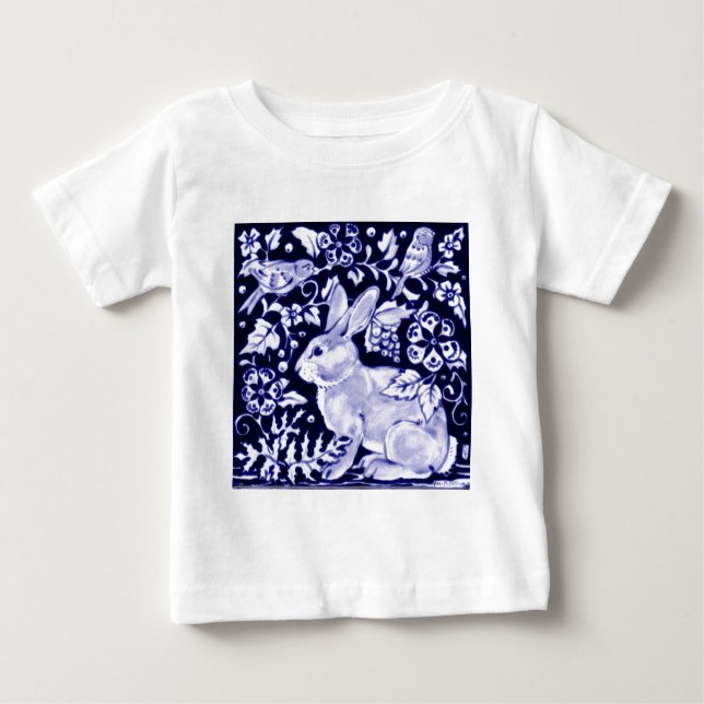 Camiseta Para Bebê Dedham Blue Rabbit, Classic Blue & White Design (Frente)