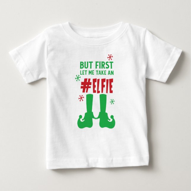 Camiseta Para Bebê Deixe-Me Pegar Uma Elfie, Calçados Elf, Neve, Nata (Frente)