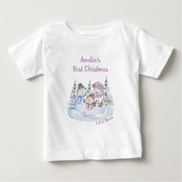 Camiseta Para Bebê Deixem-na Neve Feliz Snowman Garota no Primeiro Na