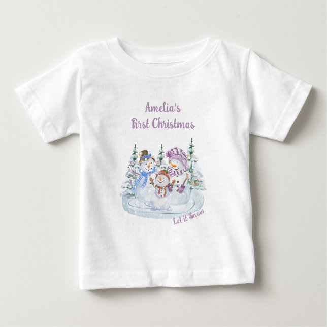 Camiseta Para Bebê Deixem-na Neve Feliz Snowman Garota no Primeiro Na (Frente)