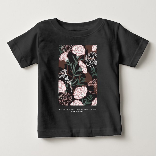 Camiseta Para Bebê Delicar Cravos Rosa com Folhas Verdes Florais (Frente)