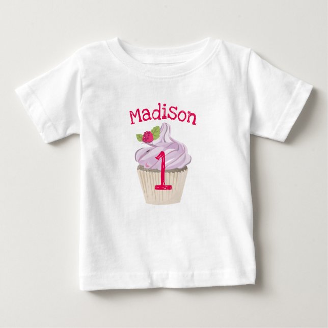 Camiseta Para Bebê Delicioso Cupcake Rosa Berry no Primeiro Aniversár (Frente)