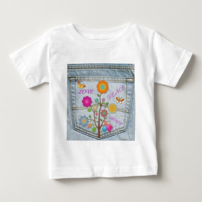 Camiseta Para Bebê Denim Back Pocket Flores Paz Esperança (Frente)