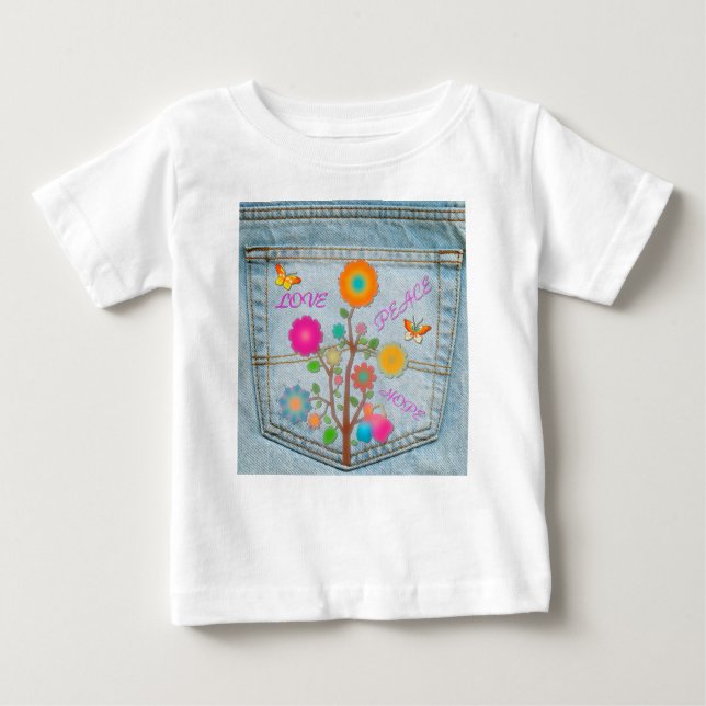 Camiseta Para Bebê Denim Back Pocket Flores Paz Esperança (Frente)
