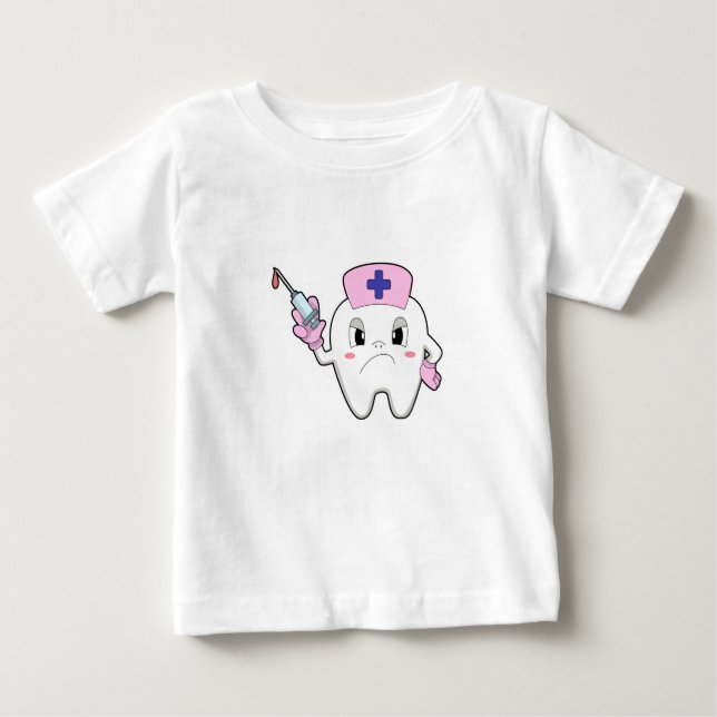 Camiseta Para Bebê Dentes como Enfermeira com Seringa.PNG (Frente)
