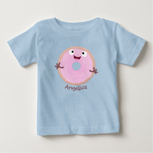 Camiseta Para Bebê Desenho animado de donut cor-de-rosa alegre e fofo
