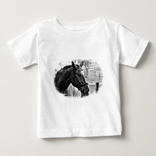 Camiseta Para Bebê Desenho do Cavalo Branco Negro (Frente)