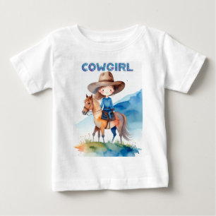 Camiseta Para Bebê Desenho em Aquarela de Garota Cowgirl Fofa Montand