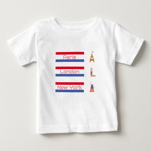 Camiseta Para Bebê Design de ícones de Paris Lon & N.Y (Frente)