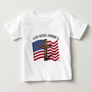 Camiseta Para Bebê DEUS ABENÇOE AMÉRICA com cruz áspera & bandeira