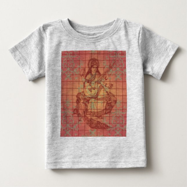 Camiseta Para Bebê Deusa hindu amarela vermelha Saraswati Wisdom Índi (Frente)