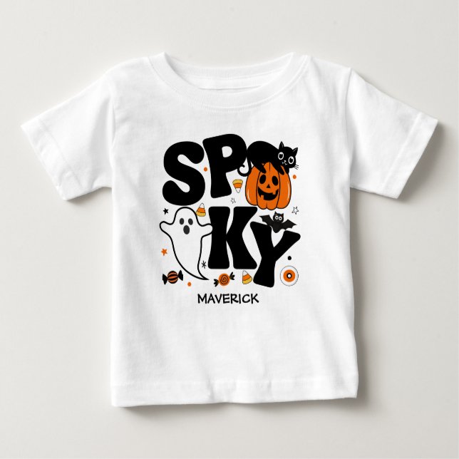 Camiseta Para Bebê Dia das Bruxas Negro E Laranja, Spooky (Frente)