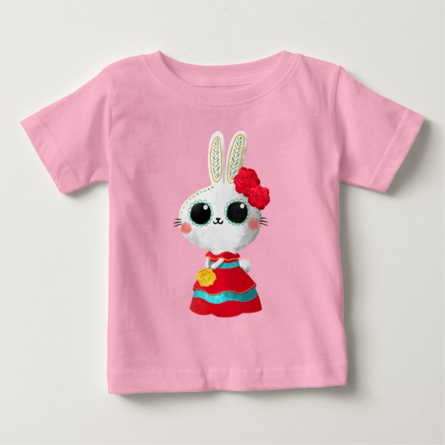 Camiseta Para Bebê Dia De Los Muertos Bonito Bunny Vermelho Vestido M (Frente)