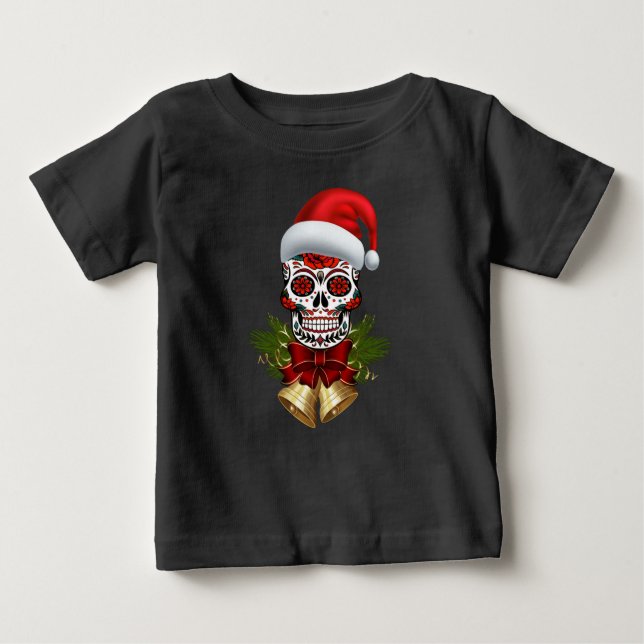 Camiseta Para Bebê Dia de Natal Do Chapéu De Natal Do Crânio Do Açúca (Frente)