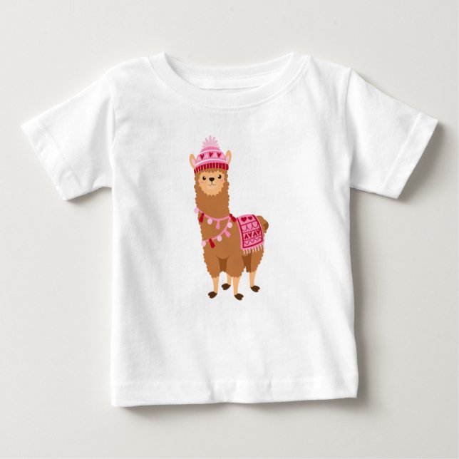Camiseta Para Bebê Dia de os namorados Rosa Castanho Engraçado Llamas (Frente)