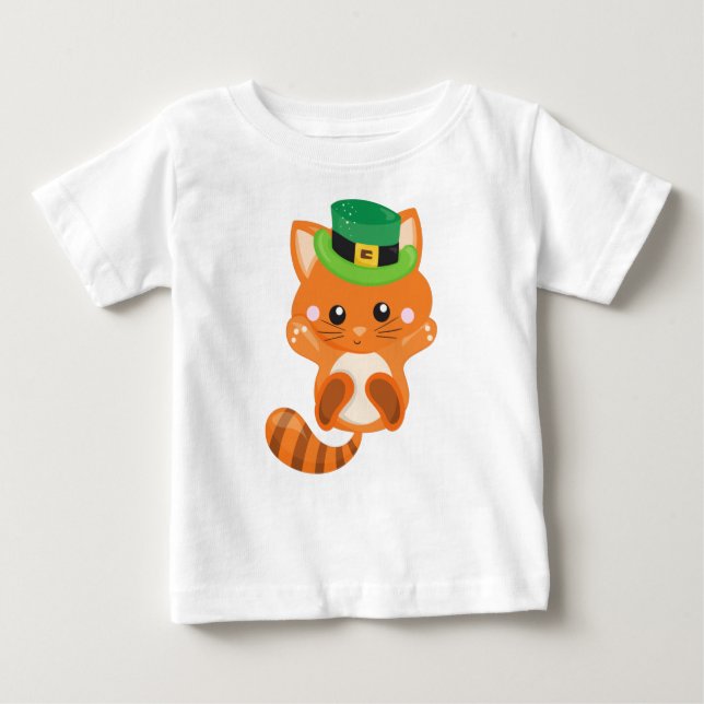Camiseta Para Bebê Dia de São Patrício, Gato Laranja, Chapéu Leprecha (Frente)