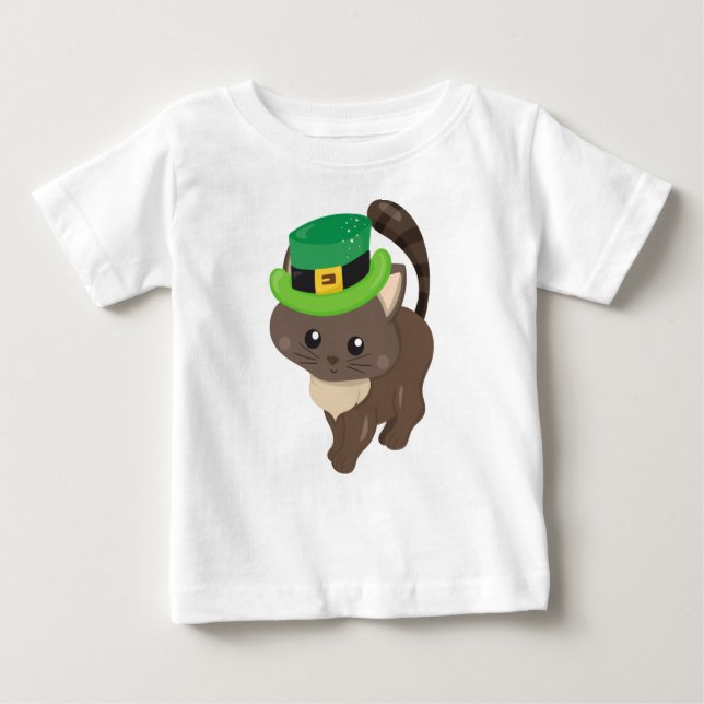 Camiseta Para Bebê Dia de São Patrício, Gato Marrom, Chapéu Leprechau (Frente)