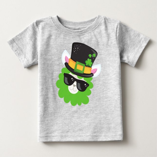 Camiseta Para Bebê Dia de São Patrício, Llama, Alpaca, Chapéu Leprech (Frente)