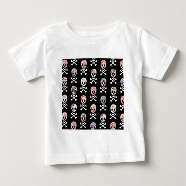 Camiseta Para Bebê Dia dos Mortos Mexicano Caveira Ossos Cruzados (Frente)