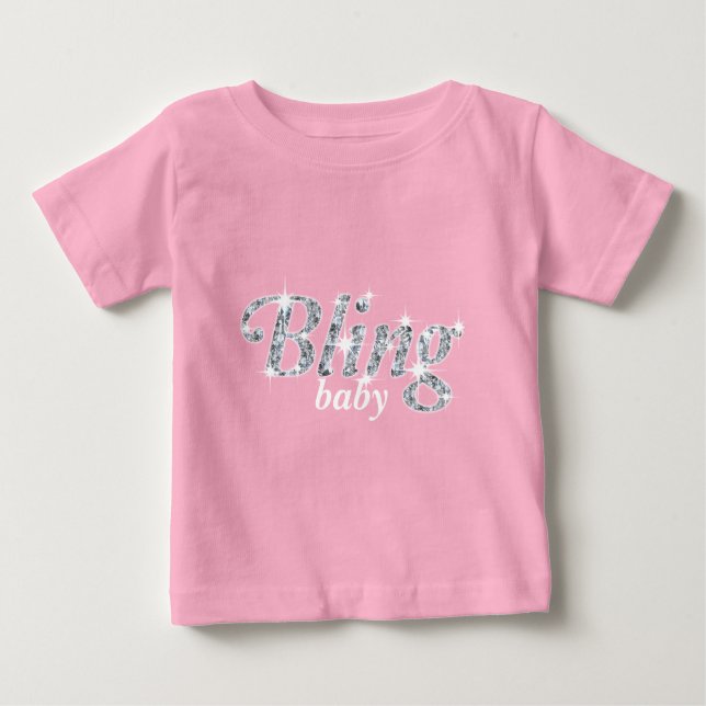 Camiseta Para Bebê Diamantes falsos sobre design de "Bling baby" rosa (Frente)