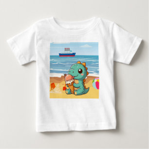 Camiseta Para Bebê Dinô bonito comendo sorvete na praia