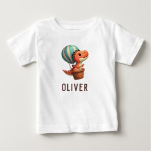 Camiseta Para Bebê Dino Fofo Voando em um Balão de Ar Quente