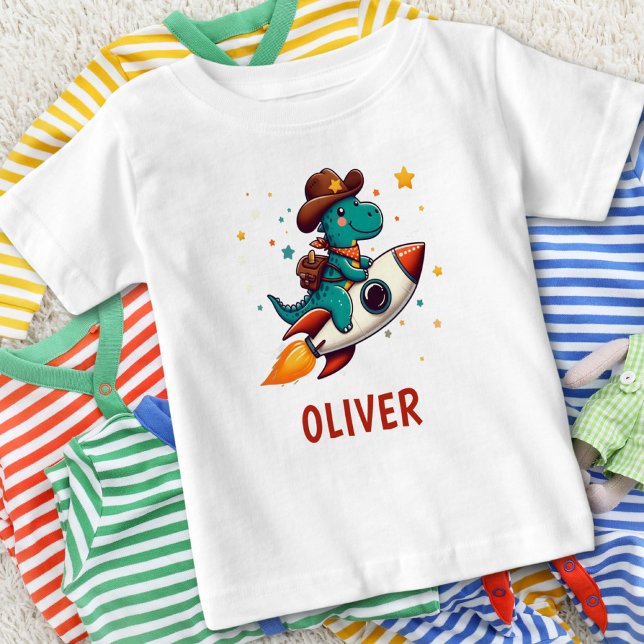 Camiseta Para Bebê Dinosaur do Cowboy Bonito Andando de Foguete Espac (Criador carregado)