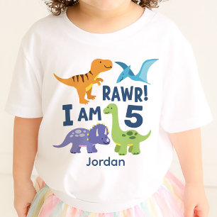 Camiseta Para Bebê Dinossaur T-Rex Kid 5 Birthday Rawr Personalizado