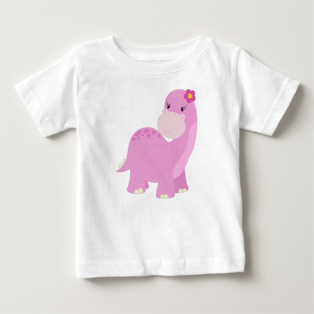 Camiseta Para Bebê Dinossauro bonito, dinossauro rosa, dinossauro fem (Frente)