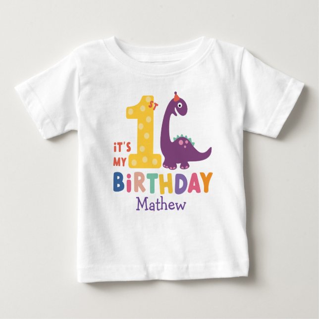 Camiseta Para Bebê Dinossauro Bonito É o meu primeiro aniversario (Frente)