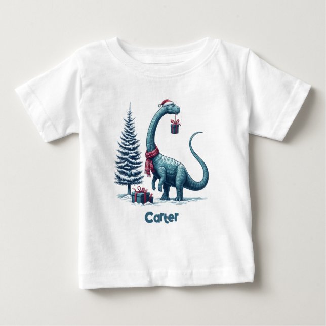 Camiseta Para Bebê dinossauro Brontossauro de Natal (Frente)