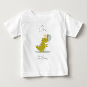 Camiseta Para Bebê Dinossauro Cinza Verde Amarelo Primeiro Aniversári
