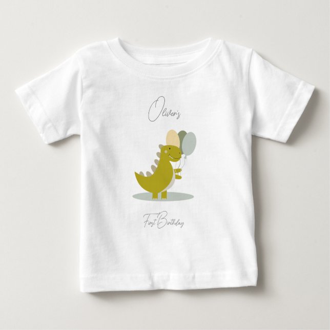 Camiseta Para Bebê Dinossauro Cinza Verde Amarelo Primeiro Aniversári (Frente)