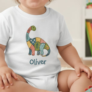 Camiseta Para Bebê Dinossauro Colorido de Patchwork Fofo