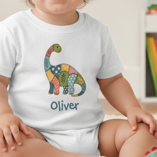 Camiseta Para Bebê Dinossauro Colorido de Patchwork Fofo (Criador carregado)