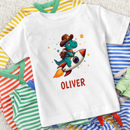 Camiseta Para Bebê Dinossauro Cowboy Fofo Andando de Foguete Espacial