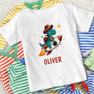 Camiseta Para Bebê Dinossauro Cowboy Fofo Andando de Foguete Espacial
