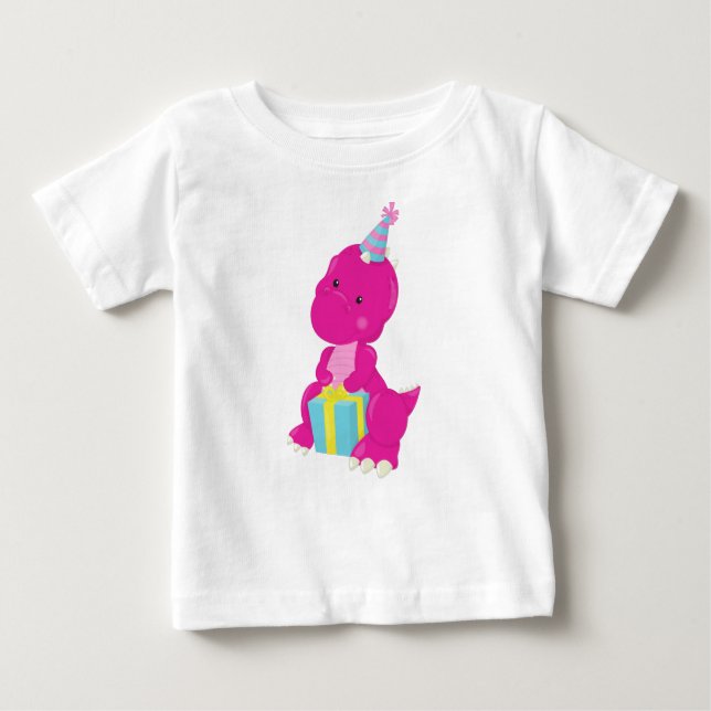 Camiseta Para Bebê Dinossauro de Aniversário, Dinossauro Rosa, Chapéu (Frente)
