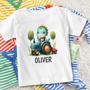 Camiseta Para Bebê Dinossauro de Bebê Bonito num Trator Azul