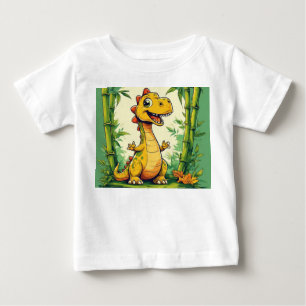 Camiseta Para Bebê Dinossauro de Cartoon Adorável na Selva Verde Lush