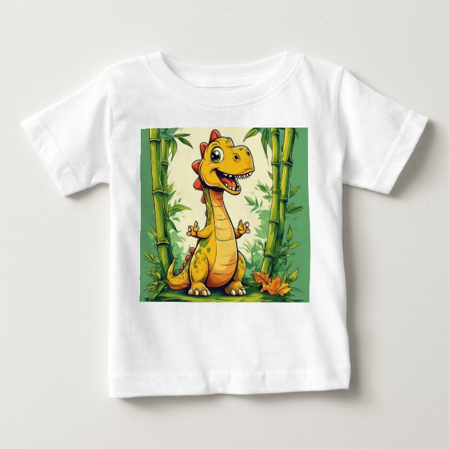 Camiseta Para Bebê Dinossauro de Cartoon Adorável na Selva Verde Lush (Frente)