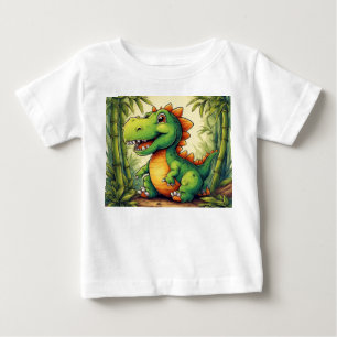 Camiseta Para Bebê Dinossauro de Cartoon Adorável na Selva Verde Lush