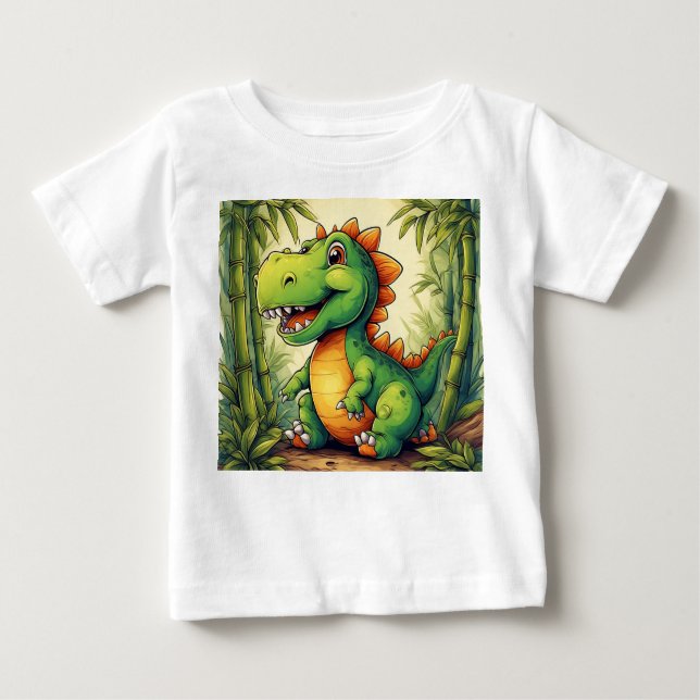Camiseta Para Bebê Dinossauro de Cartoon Adorável na Selva Verde Lush (Frente)