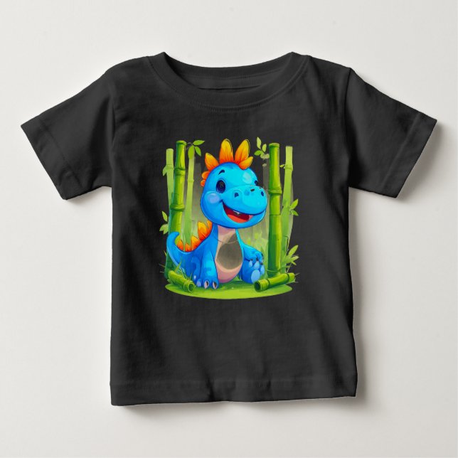 Camiseta Para Bebê Dinossauro de Cartoon na Floresta de Bambu (Frente)