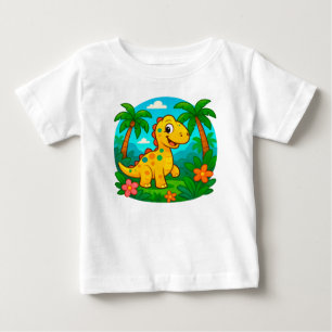 Camiseta Para Bebê Dinossauro de Desenho Animado em uma Cena Tropical