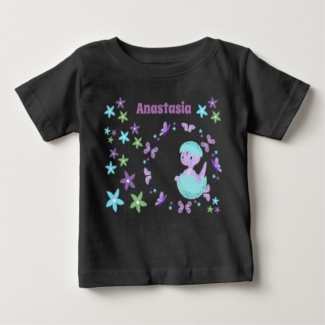Camiseta Para Bebê Dinossauro Floral Personalizado (Frente)