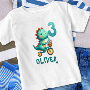 Camiseta Para Bebê Dinossauro Fofo com Bicicleta 3º Aniversário