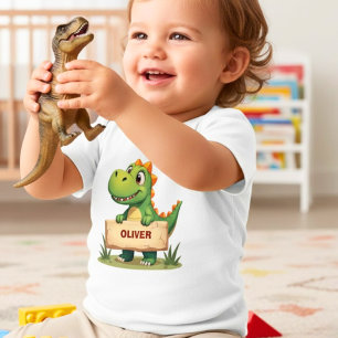 Camiseta Para Bebê Dinossauro Fofo com Placa de Nome Personalizada
