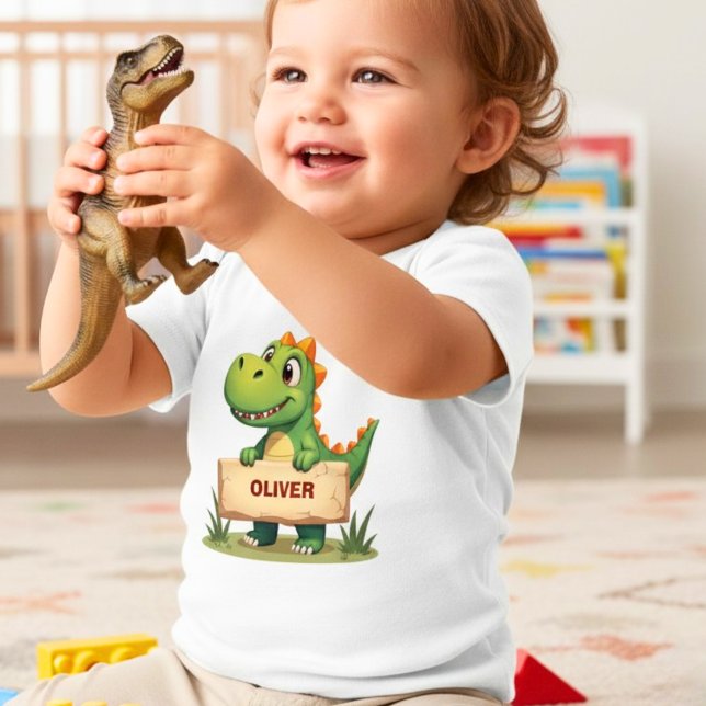 Camiseta Para Bebê Dinossauro Fofo com Placa de Nome Personalizada (Criador carregado)